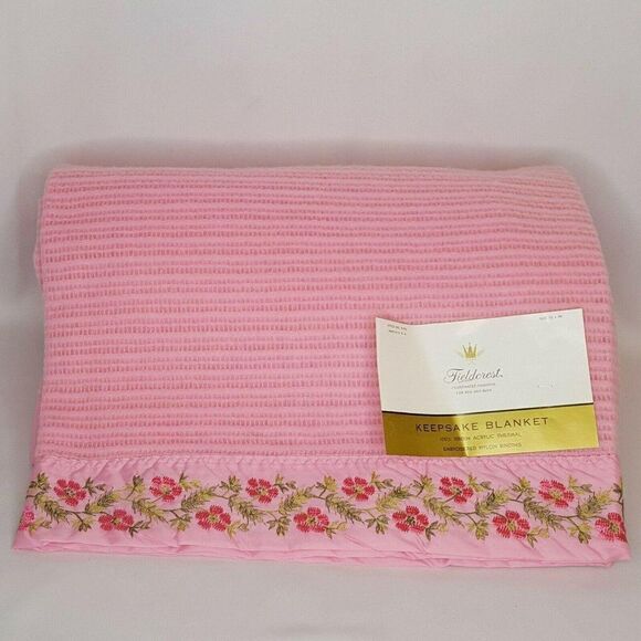NEW Vintage Fieldcrest Waffle Weave Blanket Twin Pink Embroidered Flowers - Picture 1 of 4